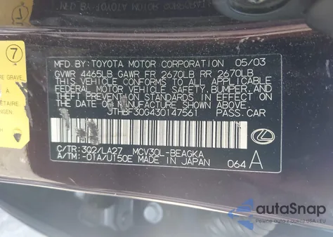 2003 Lexus Es 300 z USA, uszkodzony, nr VIN JTHBF30G430147561